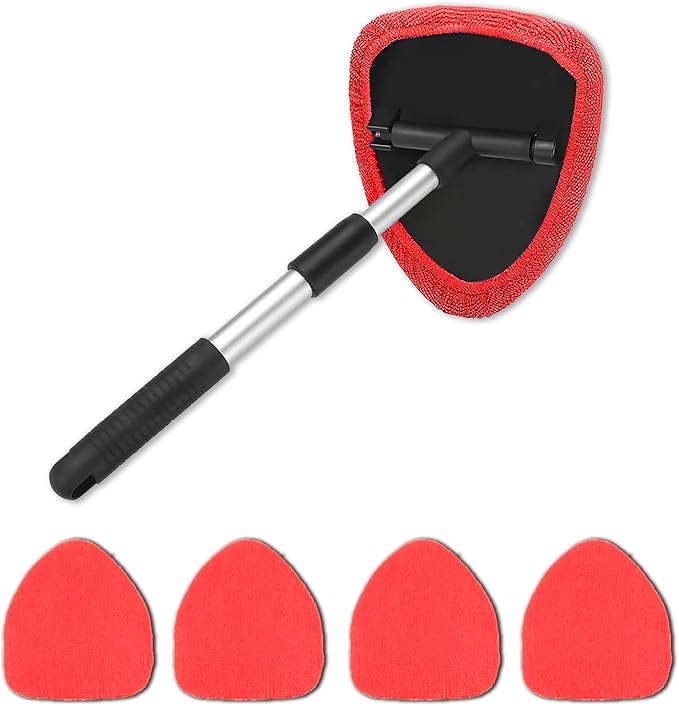 Windshield Cleaner Tool - Portable Car Interior Window Cleaning Kit with Extendable Handle, 4 Microfiber Towel Pads, Auto Glass Wiper for Windshield, Universal for RV, SUV, Truck (Red)