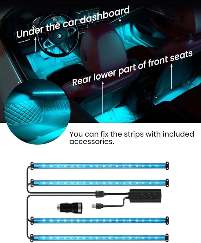 Car LED Strip Lights,72 LED Interior Strip Lights RGB with Smart APP Remote Control,Multicolor Footwell Under Dash Inside Light Kits Music Sync Mode, for Vehicle Internal, SUV, Trucks, 12V