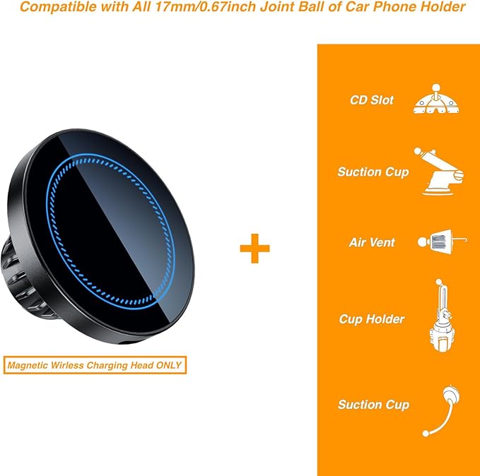 Magnetic Wireless Charging Phone Holder Mount with 17mm Ball Socket for MagSafe, [Heavy-Duty] Magnetic Ball Mount Fits 17mm/0.67inch Ball Car Phone Holder for iPhone 17/16/15/14/13/12 Series