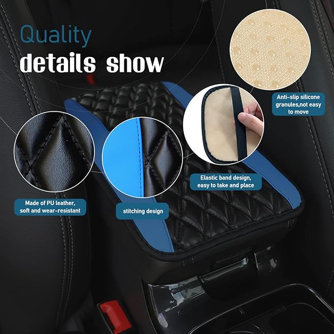 Ziciner Leather Car Center Console Armrest Pad, PU Waterproof Auto Seat Box Cover Protector, Hand Rest Cushion Protection Pad, Vehicles Interior Accessories Universal for Car,SUV (Blue)