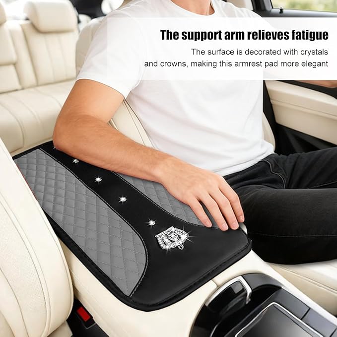 Bling Car Center Console Cover, Crown Crystal Rhinestones Vehicle Armrest Mat Protector, Anti Slip Sparkling Automotive Arm Rest Seat Box Cushion Pad Decor Accessories, Universal Fit (Gray)