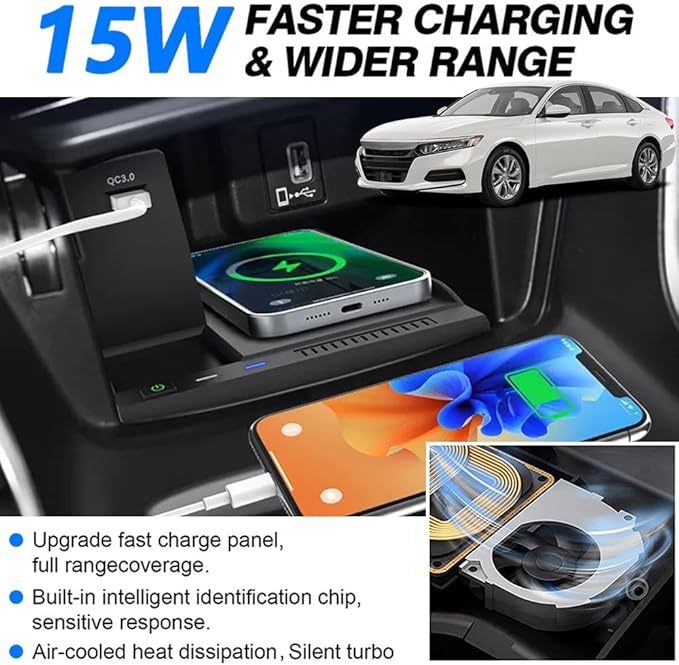 Wireless Car Charger for Honda Accord 2018 2019 2020 2021 2022, Wireless Fast Phone Charging Pad, Fit for Honda 10th Gen Accord Hybrid LX/Sport/EX/EX-L/Touring Interior Accessories Upgrades