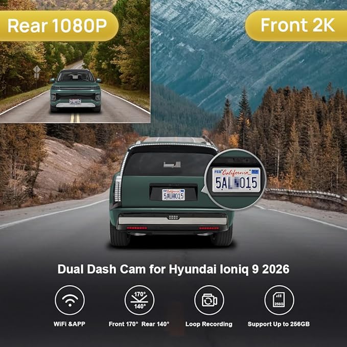 Fitcamx Front 2K+Rear 1080P Dash Cam for 2026 Hyundai IONIQ 9 (HD2-GO010) 10 Pin or 12 Pin Connector, OEM Factory Look, Dual HD Video, WiFi & APP, Loop Recording, G-Sensor, Easy to Set, 64GB Card