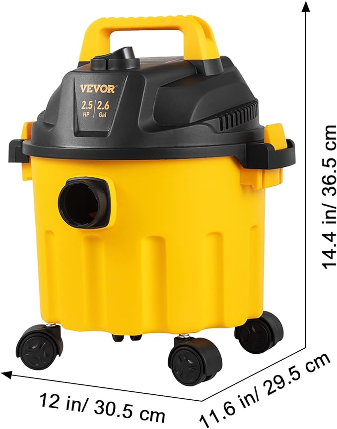 VEVOR 2.6 Gallon 2.5 Peak HP Wet and Dry Shop Vac， Portable Shop Vacuum and Blower 3-in-1 with Filter, Hose and Attachments for Home and Car Cleaning Black/Yellow