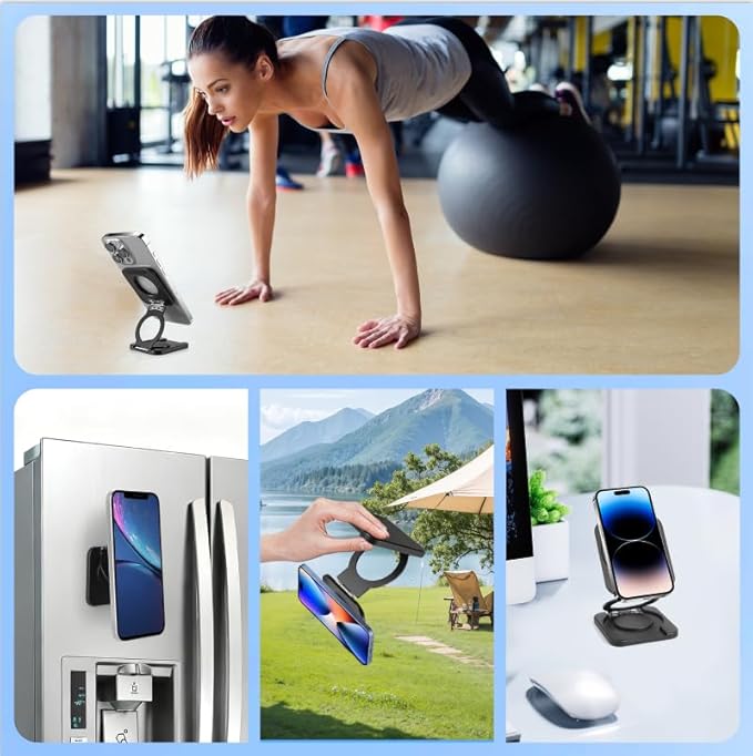Square Magnetic Phone Holder Stand for MagSafe iPhone Dual Magnets, Removable Phone Adapter Stand Ring Holder for Gym Car Desk Phone Grip for iPhone 17/16/15/14/13/12 Series MagSafe Case All Phones