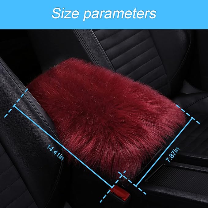Center Console Cushion Pad/Cover, 11.4"x7.4" Furry Armrest Cover for Cars, Vehicles, SUVs, Premium Sheepskin Wool, Car Interior Accessories for Women(Wine Red)
