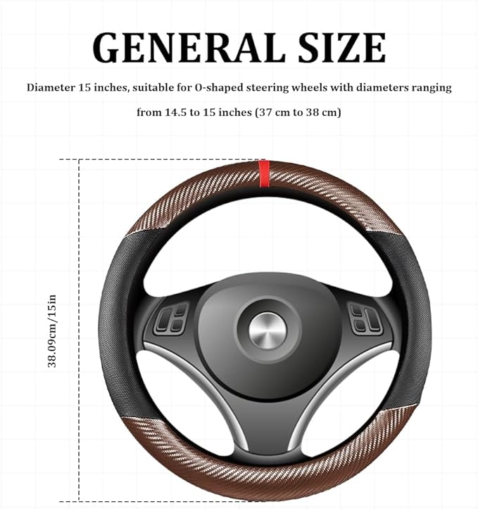 Car Steering Wheel Cover, Steering Wheel Accessories, 15 Inch Microfiber Leather Carbon Fiber Soft Anti-Slip Breathable, Car Accessories Elastic Non-Slip Cover for Most Vehicles (Coffee)