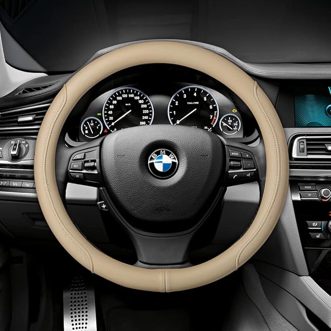 VARGTR Microfiber Leather Steering Wheel Cover with Classic Embossing, Anti-Slip Breathable Auto Car Wheel Protector, Fit 15 Inch (Beige)