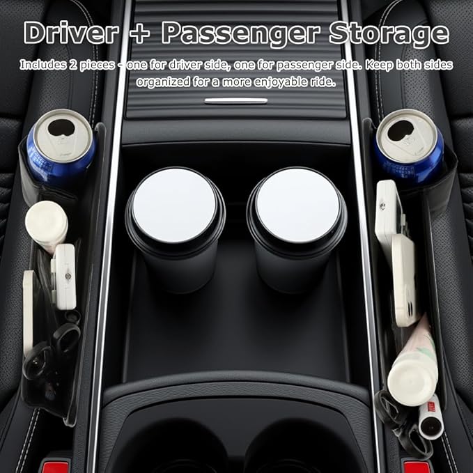 2Packs Car Seat Filler Organizer, Leather Car Seat Oganizer with Cup Holder,Storage Accessories for Phone,Sunglasses,Keys, Universal fit for Most Cars Trucks & SUV(Left+Right Side)