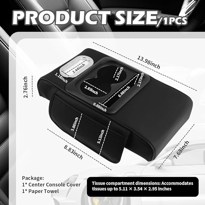 4 in 1 Center Console Cover,Multifunctional Car Armrest Storage Box with Cup Holder& Phone Holder& Car Tissue Holder,7.68 * 13.98" Arm Rest Cover for Cars with 2 Side Pockets