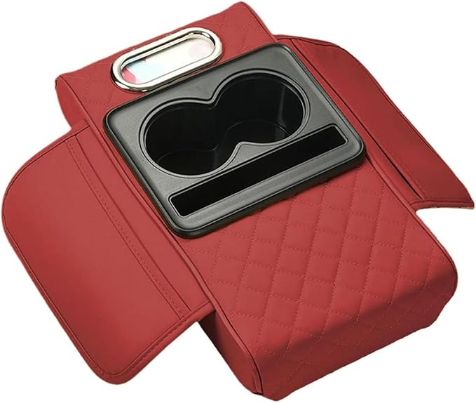 Car Center Console Cover for Hyundai Tucson 2021-2024, Leather Armrest Cushion Protector Pad with Tissue Box Holder Storage Pockets Cup Holder Phone Slot, C/Red