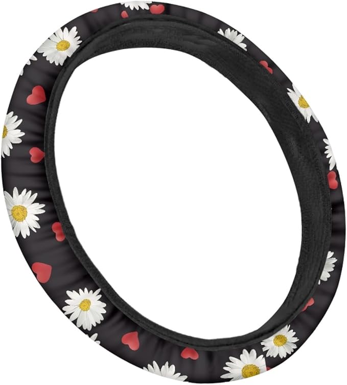AFPANQZ Cute Daisy Pattern Steering Wheel Cover for Women Sweat Absorbing Non-Slip Steering Wheel Protection Case Machine Washable Universal White Flower on Black