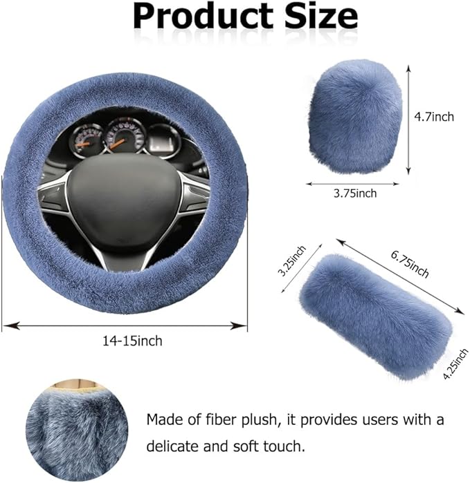 Fluffy Steering Wheel Cover, Winter Warm, Suitable for Most Car Steering Wheels in The 14-15 Inch Range (Gray, 3PCS)