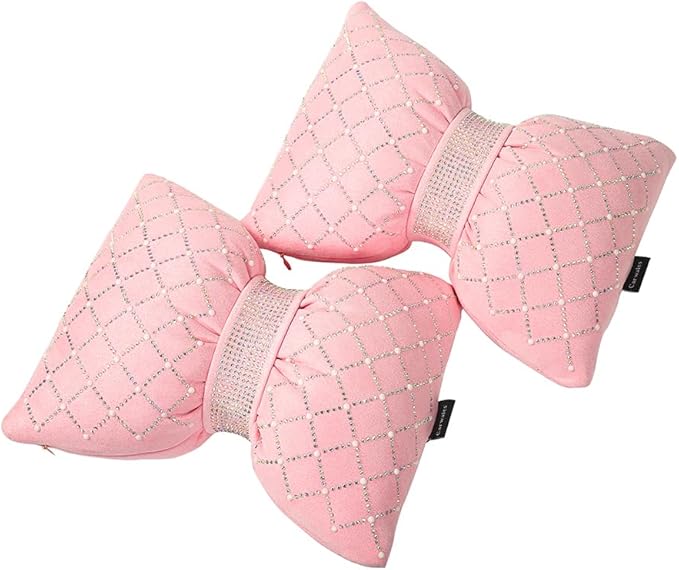 Car Headrest Pillow Pink Sparkly Bling Rhinestone Accessories for Women Bow Seat Neck Support Pillow for Travel Driver Chair Head Rest 2pcs
