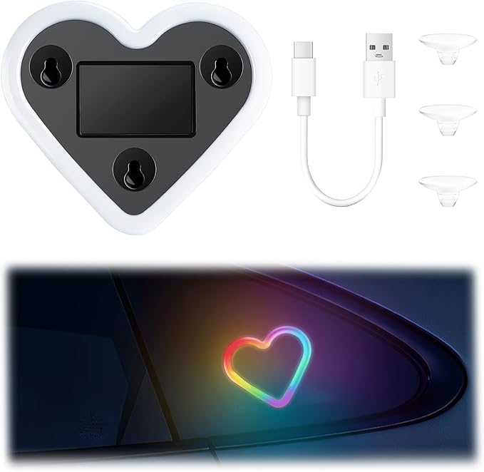 iFunyLED Car LED Interior Lights, Heart-Shaped Ambient Light for Windows, 8 Lighting Modes, Charging Through Type-c and Solar Energy, Car Decorations for Women Men, Pack of 1, (Multicolor)