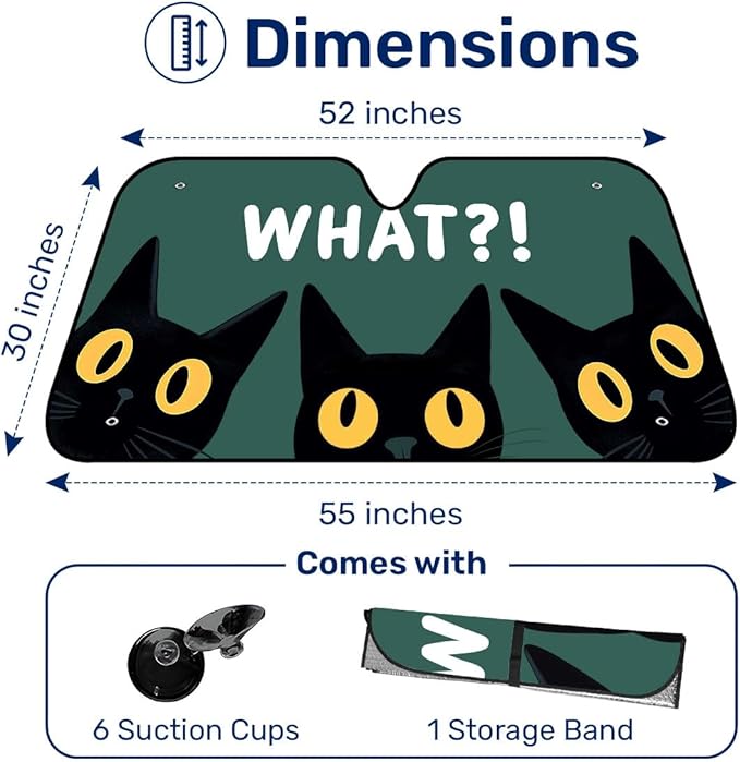 GENANY Cute What Cat Funny Windshield Sun Shade for Car SUV Truck (55x30 Inches), Sun Shade Windshield for Windows, Protector Blocks UV, Spring Car Decor