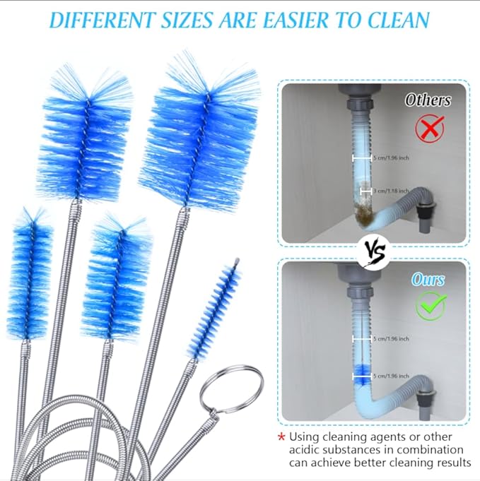 Flexible Long Drain Brush Set, Premium 3 Piece Kit with Double Ended and Stainless Steel Tube Cleaning Brushes for Ultimate Kitchen, Sink, and Pipe Cleaning, Including Powerful Drain Clog Remover