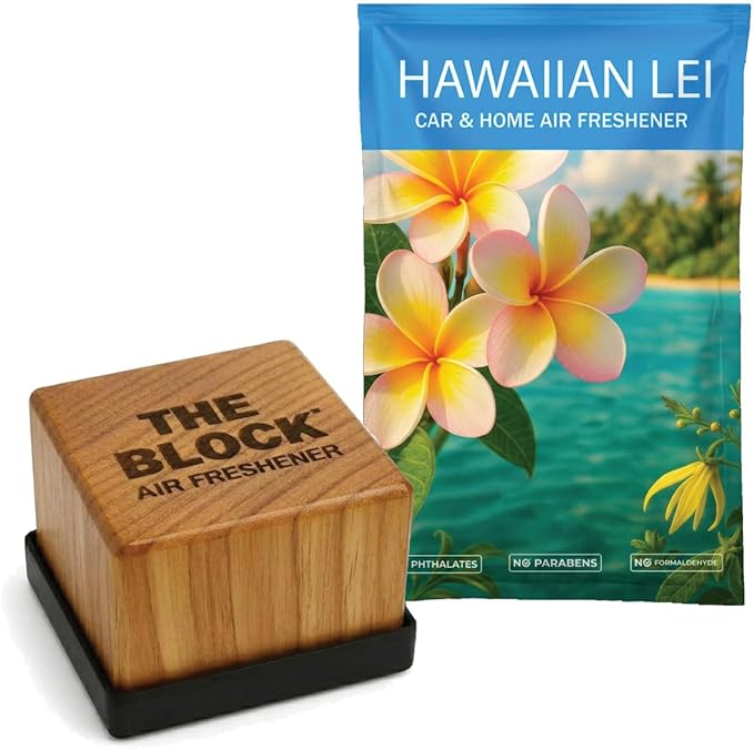 The Block - Wooden Car Air Freshener & Odor Eliminator - Long Lasting 30+ Day Scent - Car & Home Use - Fresh Gift Idea - Made in USA - HAWAIIAN LEI/SWEET PLUMERIA