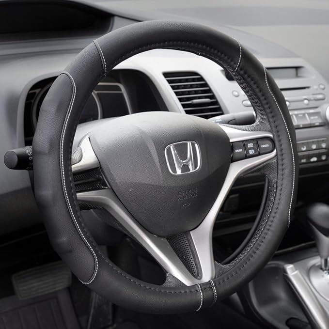 Motor Trend Ergonomic Steering Wheel Cover/Protector for Small Size Steering Wheels in Cars, SUVs, Boats (13.5-14.5") (Drive Pro Comfort Grip (Black/Gray Stitching))