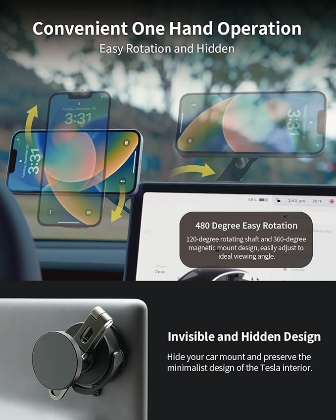 Jowua 6D Tesla Compatible Invisible Foldaway Car Mount (Magnet) for Tesla S/3/X/Y/Cybertruck (NO Wireless Charging)