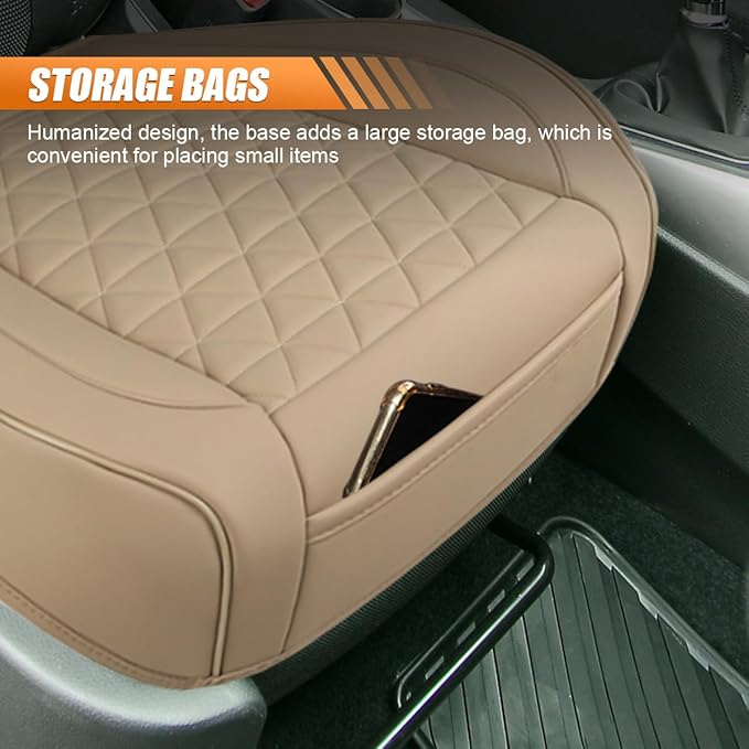 Luxury Faux Leather Car Seat Cover, Anti-Slip Waterproof Universal Front Bottom Seat Protector with Storage Pocket, Triangular Pattern Vehicle Seats Cushion for Sedans, SUVs, Trucks (Beige)