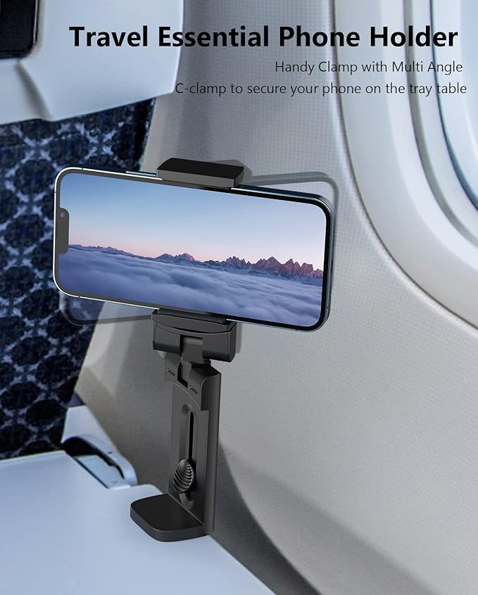 MiiKARE Travel Essentials Airplane Phone Holder, Universal Handsfree Phone Mount for Flying with 360 Degree Rotation, Travel Must Haves Phone Stand for Desk, Tray Table, Black&Black