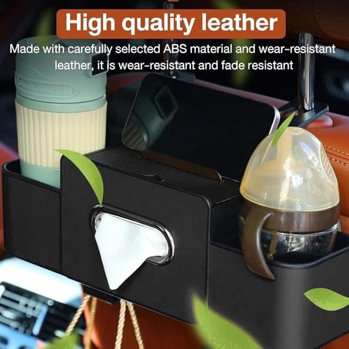 Backseat Car Organizer with Tissue, Multifunctional Car Back Seat Organizer with Cup Holders Tissue Box and Hook for Holding Phone, Snacks, Drinks and Handbag (Black)