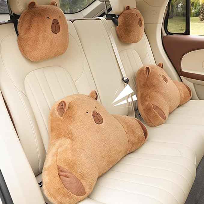 LYFJMUS 4 Pack Plush Capybara Car Headrest Pillow and Lumbar Support Pillow Kawaii Plushies Capybara Stuffed Headrest Cute Car Decor for Car Driving (Style B)
