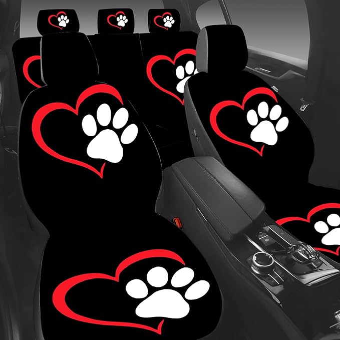 5 Pcs Premium Heart-Shaped Paw Print Car Seat Cover, Breathable & Washable Car Seat Covers Full Sets, Fashionable Printed Seat Covers for Cars Interior, Universal Fit for Most Cars