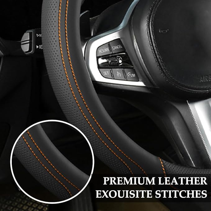 HZEL Car Steering Wheel Cover, 15 Inch Leather Comfortable Vehicle Steering Wheel Protector with Inner Rring, Anti-Slip Automotive Interior Accessories, Universal for SUV RV Truck (Black/Orange)
