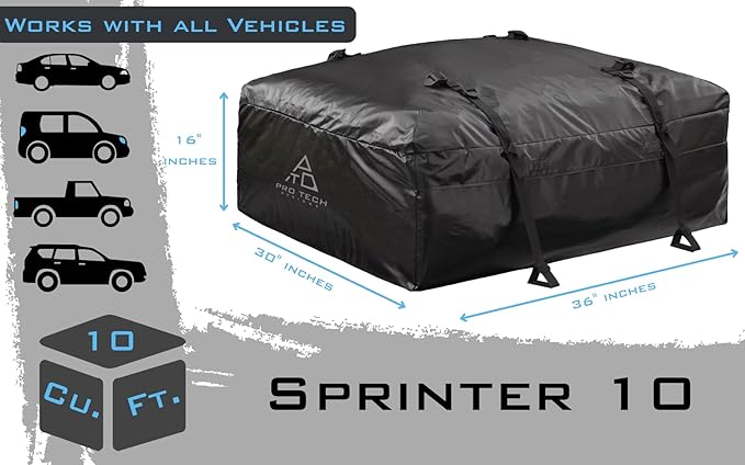 Voyager Waterproof Rooftop Cargo Roof Bag, No Roof Rack Needed UV-Protected PVC Semi-Coated Mesh, Welded Seams, Water Seal Zipper, (10 Cubic Feet - Sprint)