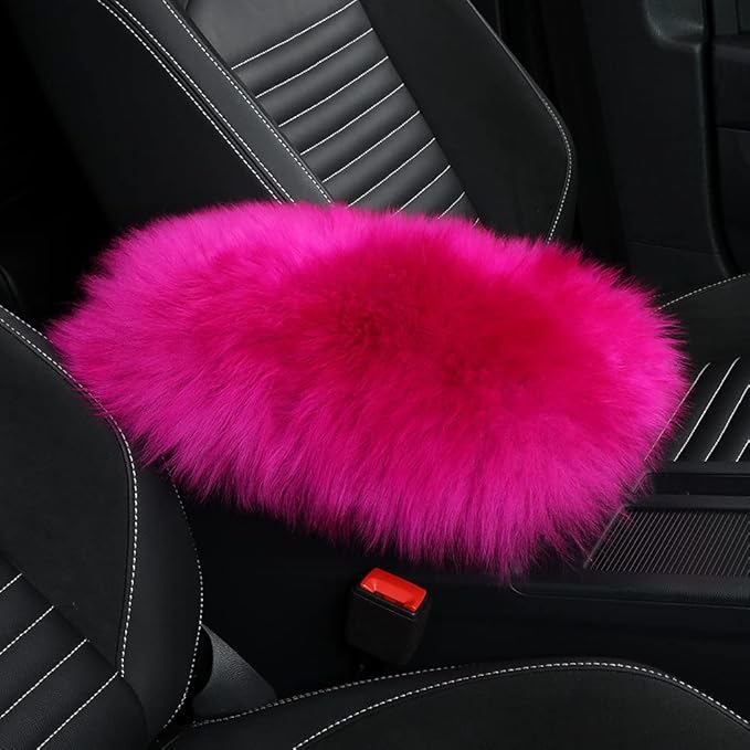 LLB Auto Center Console Cover Pad Universal Fit for SUV/Truck/Car, Genuine Sheepskin Wool Fur Car Armrest Seat Box Cover, Furry Fluffy Auto Armrest Cover Protector (Pinky Purple)