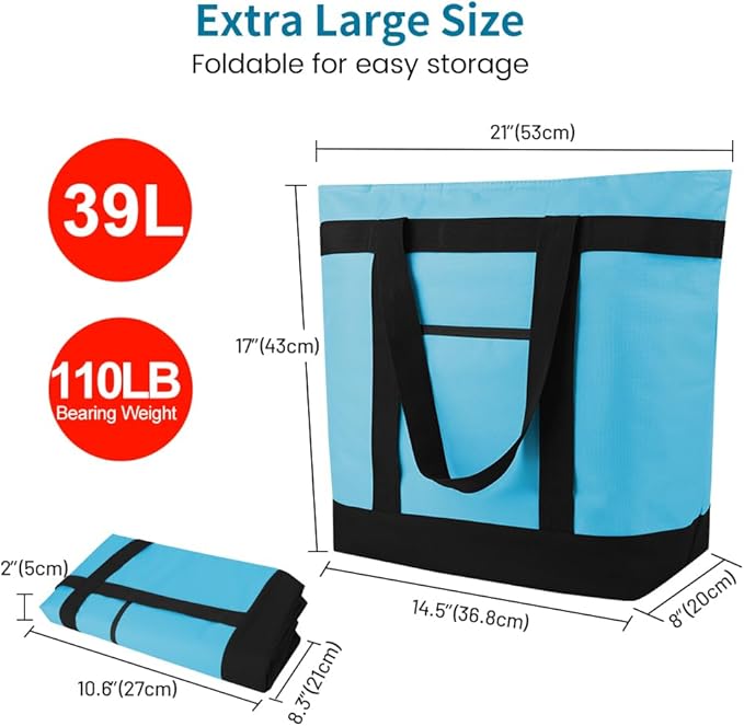 mosago Commercial Insulated Food Delivery Bag 39L, Heavy Duty Thermal Catering Tote with Zipper, Leakproof Hot & Cold Transport Bag for Restaurant & Professional Drivers, Blue