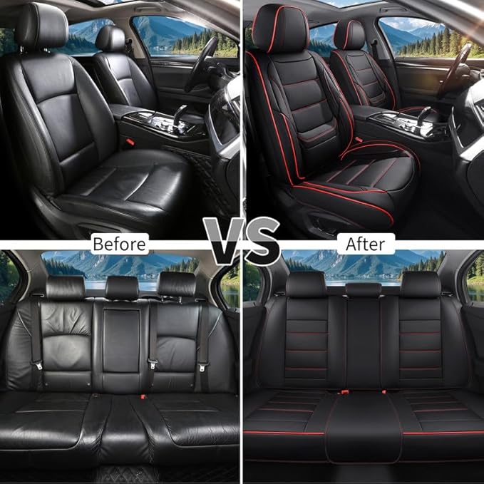 Car Seat Covers Full Set Custom Fit for Saturn ION 2003-2010-Luxury Leather with Lumbar Support, Breathable, Waterproof, Anti-Slip, Durable, Easy to Install (Black&Red,Full Set)