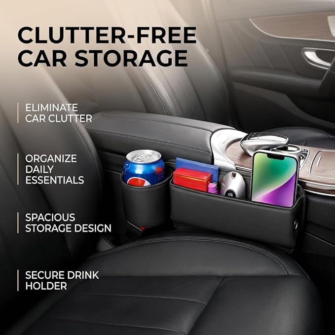 2-Pack Car Seat Gap Filler Organizer with Cup Holder - Premium Leather - Universal Fit - Keeps Cans/Phone/Keys/Wallets Organized