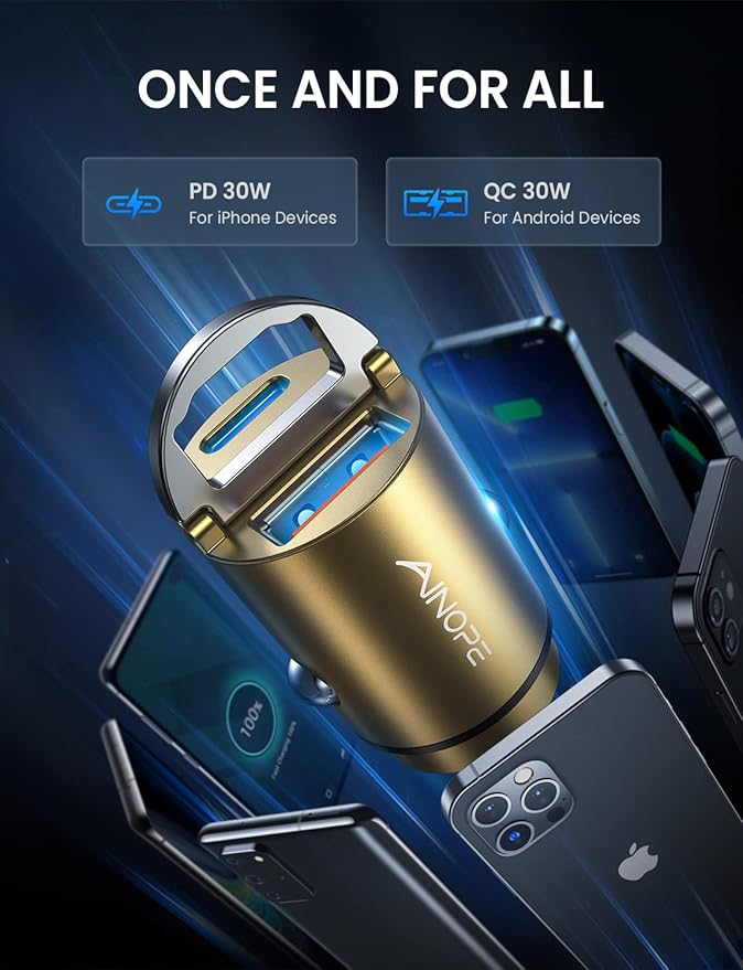 AINOPE 90W USB C Car Charger Fast Charging,[Smallest Metal] Car Charger USB C PD45W+QC3.0 Dual Port Cigarette Lighter Charge for iPhone 16 Pro Max Plus 15 14 13 iPad Samsung, Gold Kits
