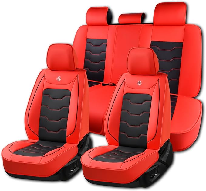 Red Car Seat Covers Complete Set, Universal Car Seat Covers for Cars, Premium Waterproof Leather, Protect & Upgrade Car Interiors, Airbag Compatible, Easy to Install & Clean Up