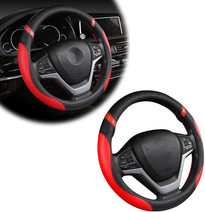 Car Steering Wheel Cover, Non-Slip Leather Auto Steering Wheel Protector, Comfortable Steering Wheel Cover Protector for Most Cars, Universal Interior Car Accessories (Red)