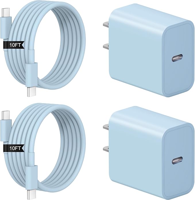 iPhone 17 16 15 Charger Fast Charging 2+2Pack 20W USB C Wall Charger with 10FT Fast Charging Cable Compatible with iPhone 17/17 Air/17 Pro/17 Pro Max/iPhone 16/15 Series, iPad Pro/AirPods-Blue
