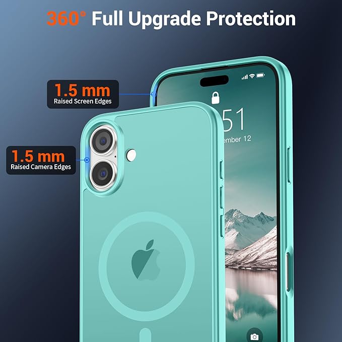 SUPFINE Magnetic for iPhone 16 Case (Compatible with MagSafe) (Military Grade Drop Protection) Slim Translucent Matte Shockproof with Anti-Fingerprint Phone Case, Blue Green