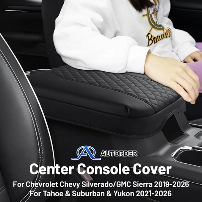 Autorder Center Console Cover for 2019-2026 Chevy Silverado/GMC Sierra Accessories, Tahoe&Suburban&Yukon 2021-2026, Armrest Cover Leather Middle Console Covers Anti-Scratch(Bucket Seat Only)