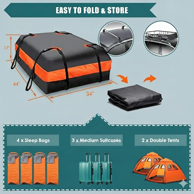 15cu ft Waterproof Car Roof Bag - Universal Fit, Anti-Slip Mat, 8 Straps & Lock Included