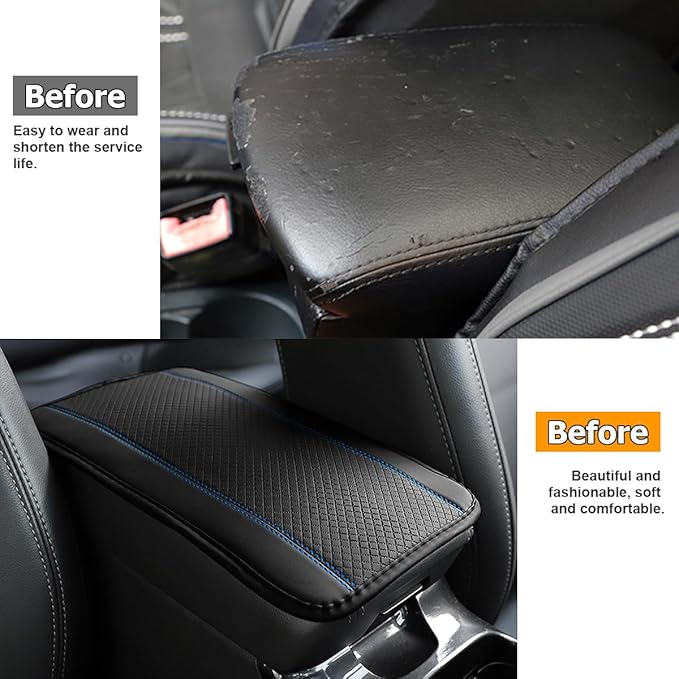 Car Armrest Seat Box Cover, Comfortable Leather Automotive Center Console Cushion Pad, Soft Waterproof Vehicle Arm Rest Protector Mat Accessories, Universal for RV, SUV, Truck (Black/Blue)