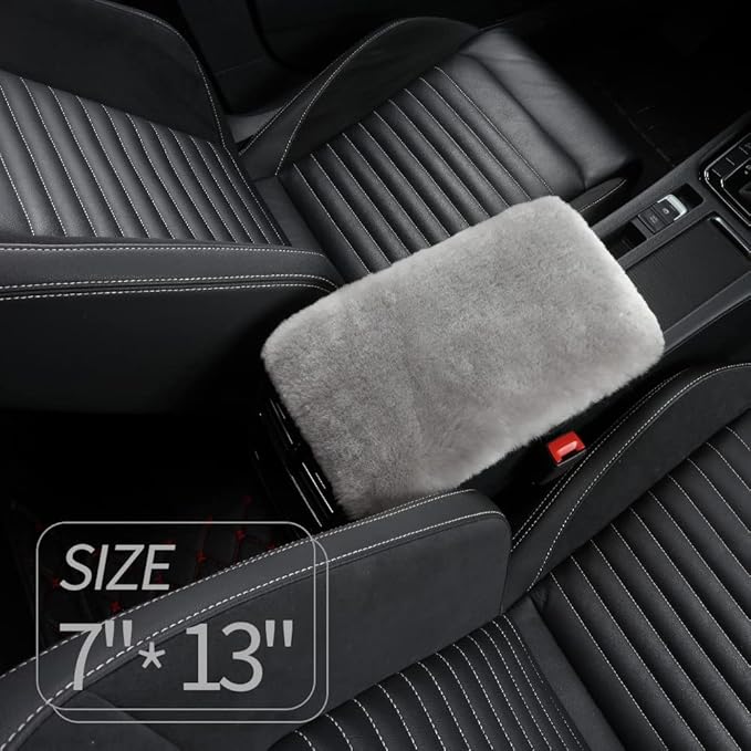 Sheepskin Armrest Cover Auto Center Armrest Cover Car Soft Console Pad, Fluffy Wool Auto Center Console Cover for Most Car Arm Rest Decoration Protector 7 x 13 Inch (Shearling, Light Gray)