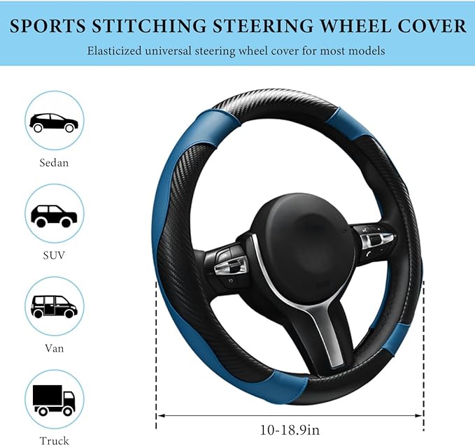Car Steering Wheel Cover, 15 Inch Anti-Slip Stretch Leather Steering Wheel Protector, Comfortable Breathable Sporty Steering Wheel Cover for Women Men, Car Accessories (Black & Blue)
