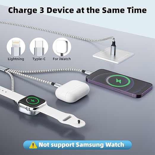 Travel Essentials 3in1 USB C Multi Charging Cable for iPhone Watch Charger,USB C to Type C/IP/iWatch Charger, Charging Cords for Multiple Devices Compatible with iWatch Series&iPhone 16-12 5FT