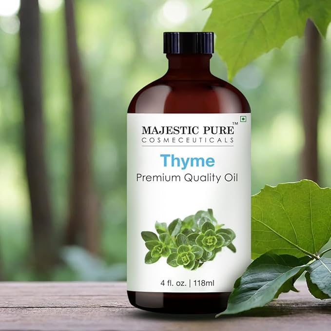 Majestic Pure Essential Oil with Glass Dropper - 100% Pure and Natural - Essential Oils for Diffuser, Aromatherapy, Soap and Candle Making, Thyme Essential Oil, Thyme Oil, 4 Fl Oz
