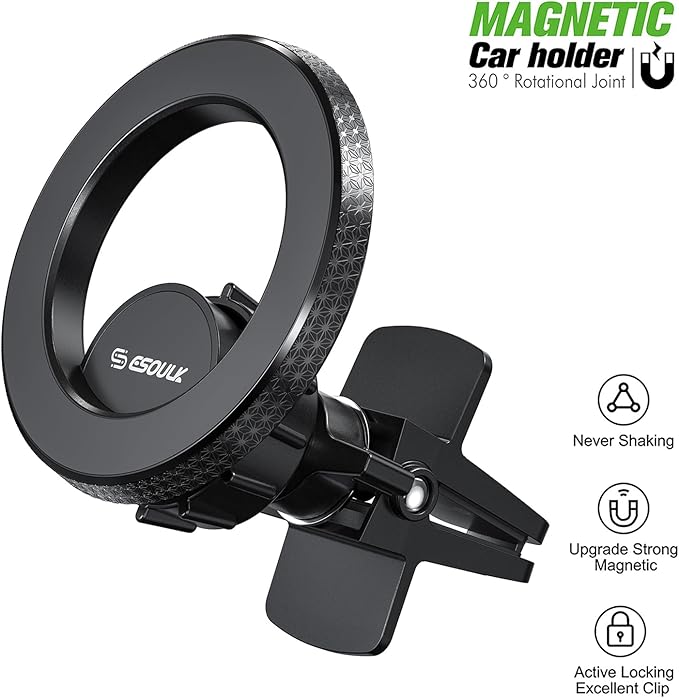Esoulk Magnetic Ring Air Vent Car Phone Holder 360° Rotating Magnetic Car Mount with Strong Magnet, Secure Grip, Removable Universal Compatible Fits iPhone Air 17 16 15 14 13 12 11 Pro Max