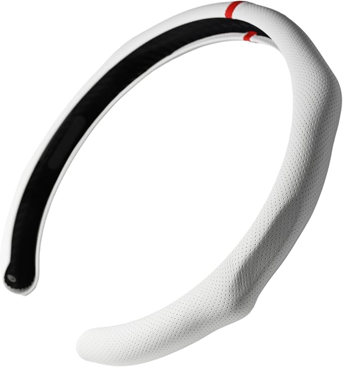 Quick Install Sporty White Perforated Nappa Leather Steering Wheel Cover with Red Top Stripe for Car SUV Pickup White Trim