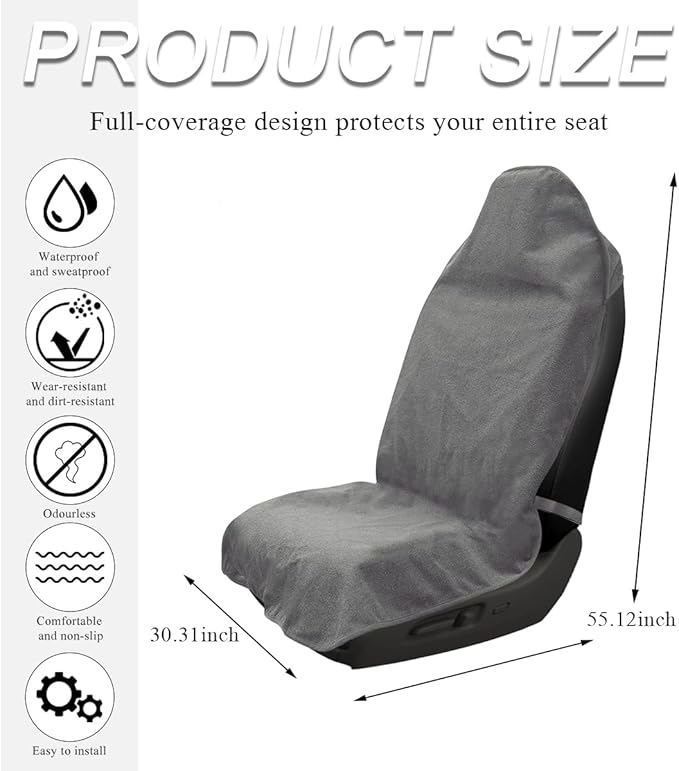 Waterproof Car Towel Seat Cover, Sweating Non-Slip Premium Towel Carseat Cover Protector, Universal Soft Machine Washable Car Truck SUV Front Seat Cover for Gym Workout Beach Hiking (Gray)